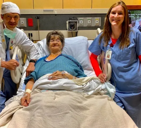 Dr. Sorajja and Kate Jappe with MHIF's 50th Triluminate patient