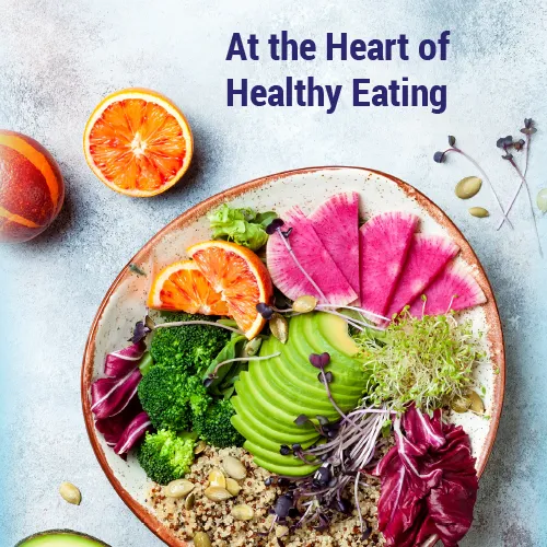 At the Heart of Healthy Eating booklet cover, with a bowl of colorful food.