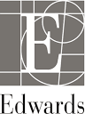 The logo for Edwards Lifesciences. The letter E surrounded by a grey background and underneath states Edwards
